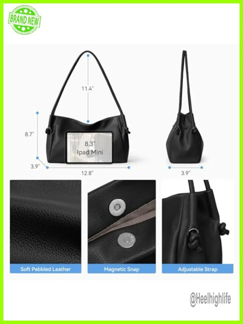 Pebbled Vegan Leather Hobo Shoulder Bag Lightweight Multi-Pocket Purse